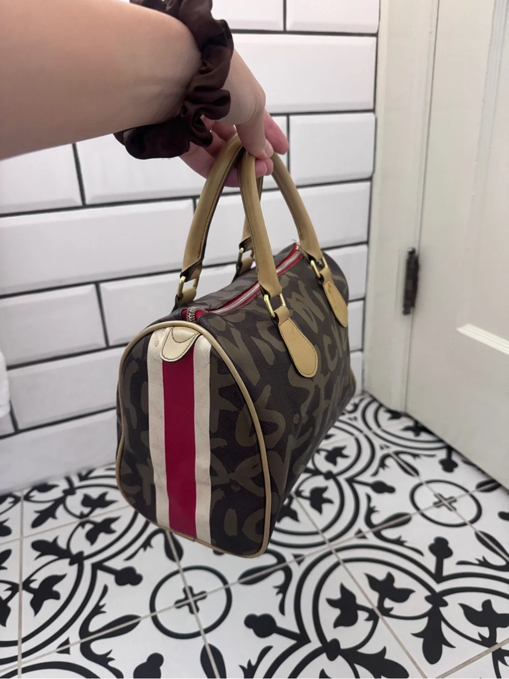 Victoria's Secret Brown Monogram Barrel Handbag with Red and Cream Accents